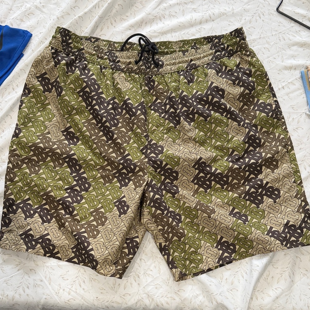 Burberry Olive, Tan & Brown Monogram Swim Trunks